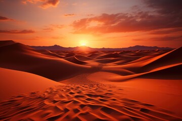 As the sun sets over the desert, the sand dunes stand tall against the vibrant sky, creating a breathtaking aeolian landscape filled with the hum of singing sand and the promise of a new day in the s