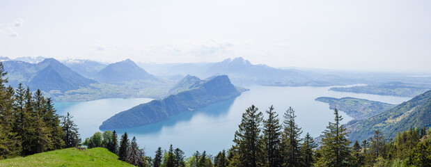 Panorama view of Lake Lucerne from the Panorama Trail on Mount Rigi in Switzerland