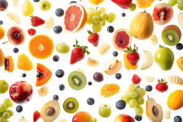 Juicy ripe mix of fruits flying on white background