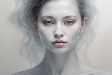 Closeup portrait of porcelain skin body woman with foggy face. Mental health concept illustration