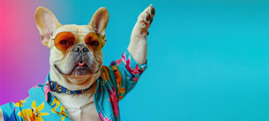 A French Bulldog sports a floral shirt and cool shades, raising a paw in a playful greeting against...