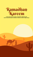 illustration of a man walking with a camel in a desert and a sunset. background and banner ramadan the holy month.