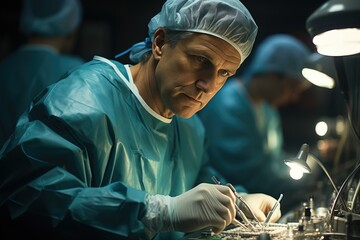 In a bustling medical facility, a skilled surgeon in crisp scrubs and hair nets delicately manipulates intricate circuitry with gloved hands, ensuring the success of a life-saving procedure