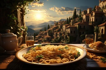 An indulgent meal of al fresco cuisine, served on elegant tableware and accompanied by a glass of wine, against the backdrop of a stunning outdoor landscape - obrazy, fototapety, plakaty