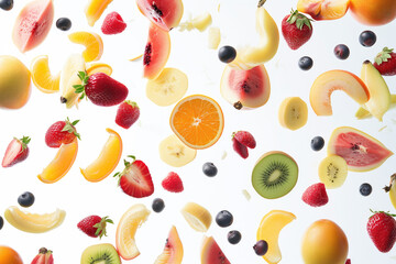 Juicy ripe mix of fruits flying on white background