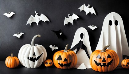 halloween paper background on black background with ghost and pumpkin
