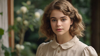 Obraz premium Portrait of beautiful Caucasian teenage girl with wavy brown hair in retro clothes, countryside lifestyle, slow fashion, sustainable village living, natural beauty concept.