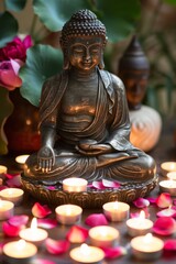 Serene Buddha Statue Surrounded by Candles.
A serene Buddha statue in meditation, encircled by glowing candles and rose petals.