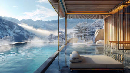 Luxury private pool villa, onsen, winter, snow mountains,  