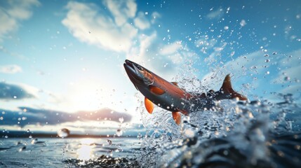 Fototapeta premium Ocean Leap: Salmon Jumping at Sunset. A vibrant salmon leaps from the ocean against a stunning sunset backdrop, creating a dynamic splash.