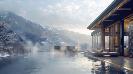 Luxury private pool villa, onsen, winter, snow mountains,  