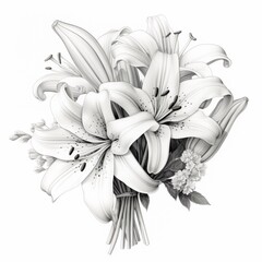 Pencil sketch beautiful lily flowers bouquet picture