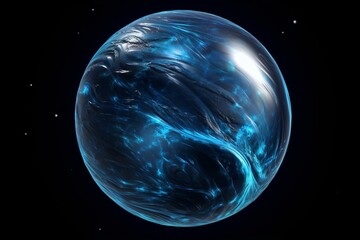 Abstract icy planet in outer space against a black background, featuring a 3D rendered object. Generative AI