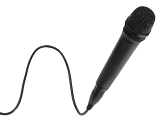 Closeup black Microphone with long wire isolated clipping path on white background