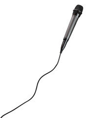 Closeup black Microphone with long wire isolated clipping path on white background