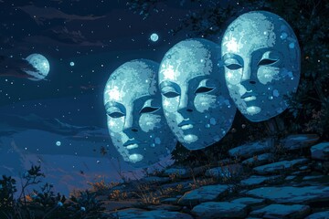 Naklejka na ściany i meble Luminous moonstone masks, imbued with the power to reveal one's true desires and emotions - Generative AI