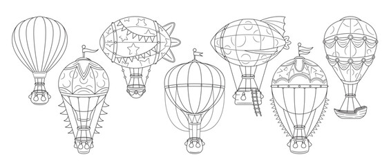 Hot Air Balloons In Various Designs, Monochrome Linear Vector Icons Set, Capturing Whimsical Essence Of Flight