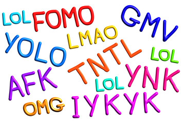 Acronyms, including LOL and FOMO isolated on background