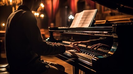 A man plays intently on a black piano in a comfortably lit room, creating an intimate and inspiring atmosphere for listeners. - obrazy, fototapety, plakaty