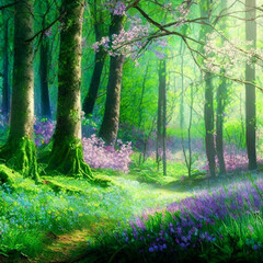 Beautiful sunny summer morning in magic forest. Forest in the morning in the sun, trees in a haze of light, glowing fog among the trees.