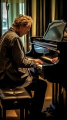 A man plays intently on a black piano in a comfortably lit room, creating an intimate and inspiring atmosphere for listeners.