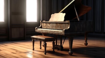 A classic black grand piano sits in the center of the spacious, well-lit room, where warm light streams through the windows, highlighting its elegance and anticipation of musical performance.