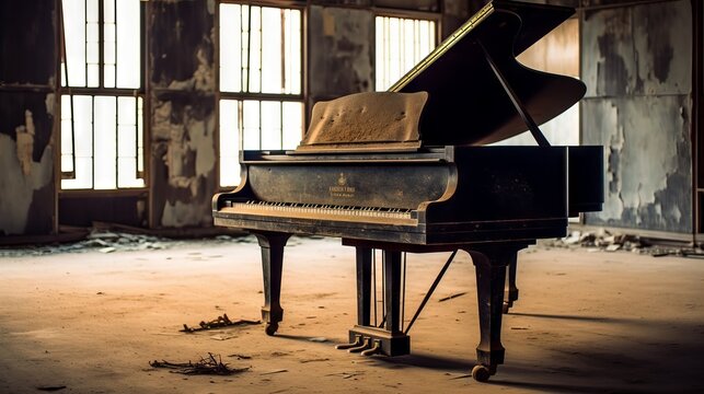 A classic black grand piano sits in the center of the spacious, well-lit room, where warm light streams through the windows, highlighting its elegance and anticipation of musical performance.