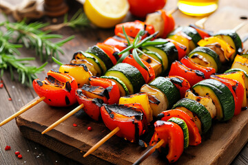 Vegetarian mixed vegetable skewers ready for a summer meal - obrazy, fototapety, plakaty