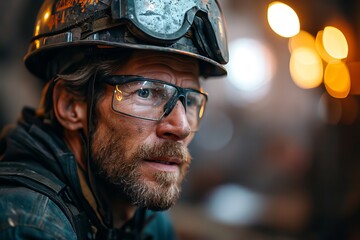 Fototapeta premium man with a graying beard, dressed in a work uniform with an orange safety helmet on his head. Traces of dirt and oil are visible on the face. Concept: physical labor and engineering activities