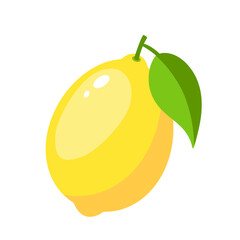 Vector lemon icon, illustration of cartoon lemon with green leaf isolated of white background, tropical citrus fruit in flat design 