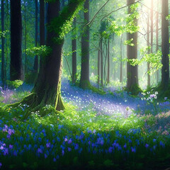 Beautiful sunny summer morning in magic forest. Forest in the morning in the sun, trees in a haze of light, glowing fog among the trees.
