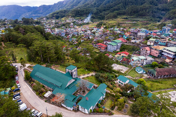 Sagada, Mountain Province, Philippines - Aerial of the highland tourist town of Sagada and Saint...