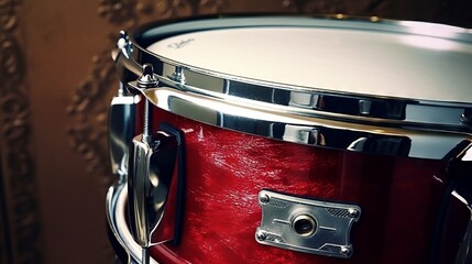 A detailed close-up of a drum with a rich red hue and shiny metal hoops against a darkened room, highlighting the sophistication and quality of the musical instrument