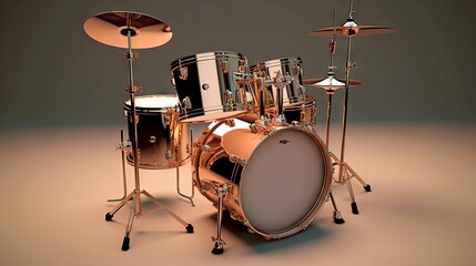 Obraz na płótnie Canvas The professional drum kit features a high-gloss brown compartment and is presented against a neutral background, highlighting its brilliant appearance and quality.