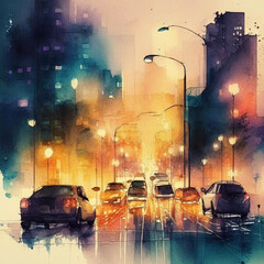 Night city traffic illustration with neon glow and vivid colors. Night city with blurred lights.