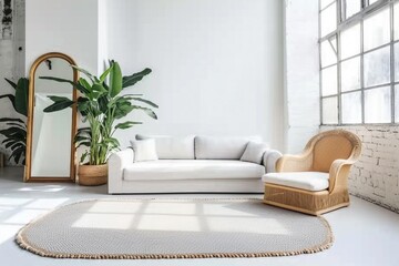 `Modern, white minimalist interior. Modern interior design for posters in the living room layout with a white sofa with space to copy. High quality photo. generative ai.