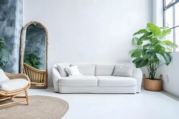 Modern, white minimalist interior. Modern interior design for posters in the living room layout with a white sofa with space to copy. High quality photo. generative ai.