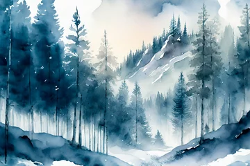 Poster Watercolor illustration of mountainous landscape with pine trees among the mist. Wild nature in winter. AI Generated © Gabriel