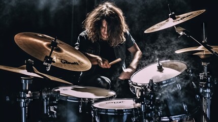 Fototapeta na wymiar A passionate drummer with long hair plays his drum kit in dim lighting, adding drama to his energetic performance.