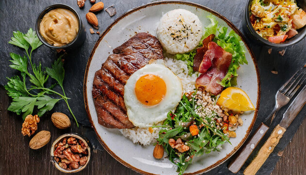 A delectable breakfast platter exhibiting eggs, bacon, and a medley of ingredients like steak, salad greens, rice, vegetables, nuts, and bacon.