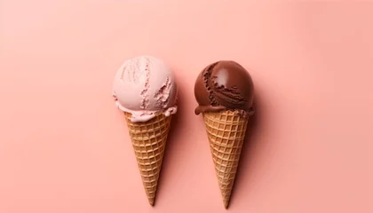 Foto auf Alu-Dibond Soft chocolate ice cream in a waffle cone on a plain pink background. Cold dessert without sugar or substitutes. Copy space  © Marynkka_muis