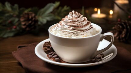 "An inviting scene of a steaming cup of hot cocoa, topped with a generous swirl of whipped cream and delicate cocoa powder."