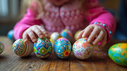 Fototapeta na wymiar A close-up of a young child's hands deftly adorning vibrant Easter eggs with detailed designs