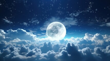 Fototapeta na wymiar Animated Moon and Realistic Flight over Cumulus Lush Clouds in Night Moonlight with City and Halloween Magic Aerial.