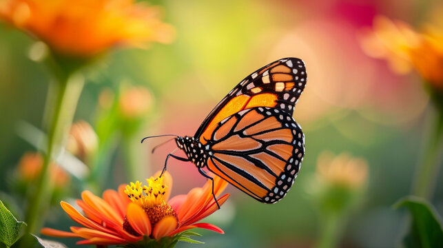 butterfly feeding on a flower. Beautiful image in nature of monarch butterfly flower. AI Generative