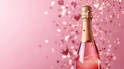 Bottle with pink drink on a pink background with hearts and confetti.