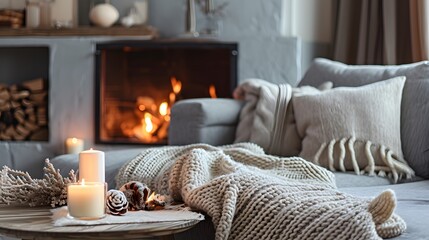 Fototapeta na wymiar Beige chunky knit throw on grey sofa. Сoffee table with candles against fireplace. Scandinavian farmhouse, hygge home interior design of modern living room. Warm and inviting winter atmosphere. 