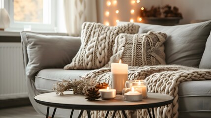 Beige chunky knit throw on grey sofa. Сoffee table with candles against fireplace. Scandinavian farmhouse, hygge home interior design of modern living room. Warm and inviting winter atmosphere.  - obrazy, fototapety, plakaty