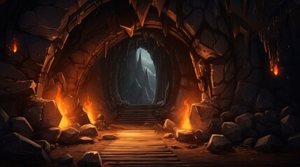 Abandoned Cartoon House and Magic Stone Cave Entrance with Burning Fire, Rocky Tunnel and AI...