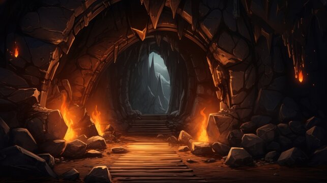 Abandoned Cartoon House and Magic Stone Cave Entrance with Burning Fire, Rocky Tunnel and AI Generated Light at the End